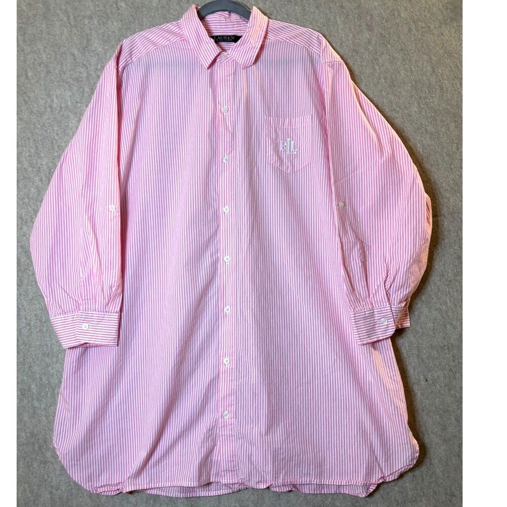 Lauren Ralph Lauren Women’s 2X Pink White Striped Cotton Sleep Shirt LRL Preppy